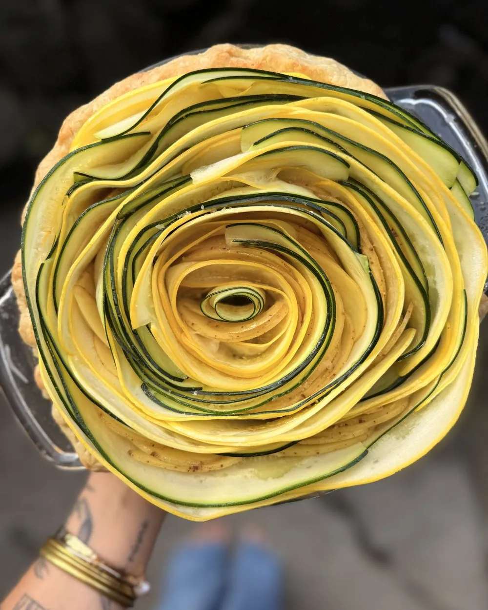 Zucchini and yellow squash rose tart